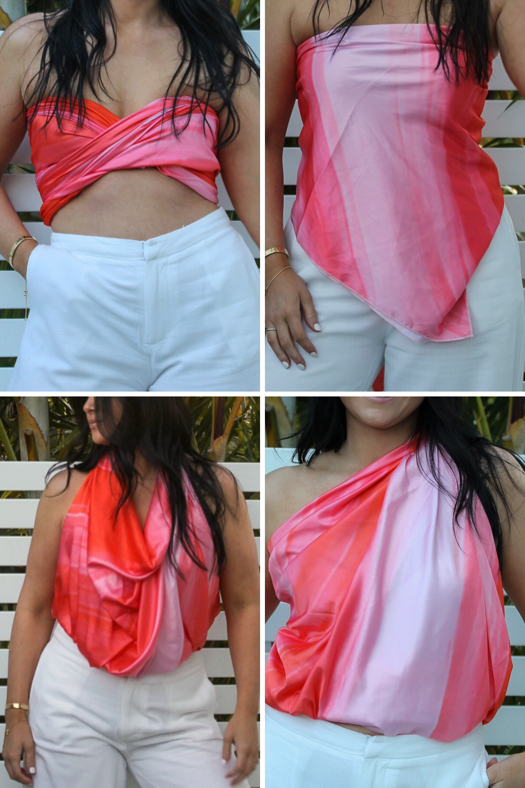 Multi-wear scarf top in vibrant colors, suitcase-friendly and designed to fit different chest sizes.