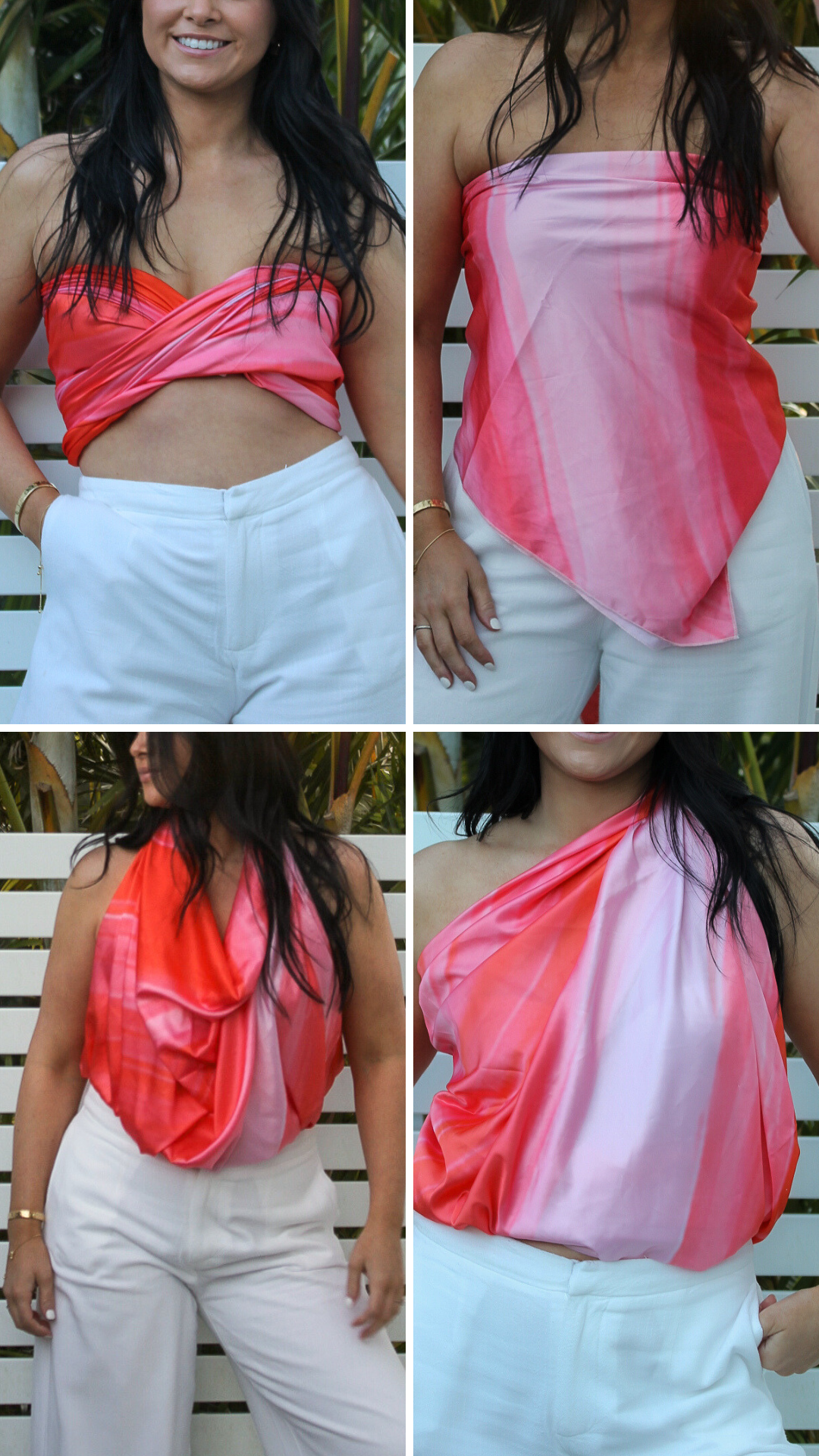 Multi-wear scarf top in vibrant colors, suitcase-friendly and designed to fit different chest sizes.