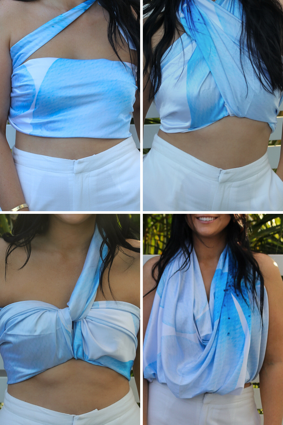 Colorful scarf top perfect for Hawaii travel, styled 24 ways for versatile holiday outfits