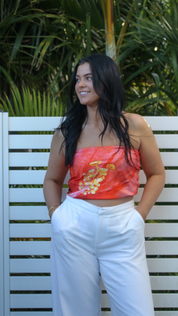 Tropical scarf top perfect for Bali or Hawaii, styled as a top, sarong, or skirt for beach vibes.