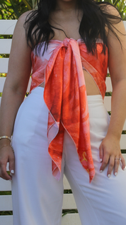 Tropical scarf top perfect for Bali or Hawaii, styled as a top, sarong, or skirt for beach vibes.