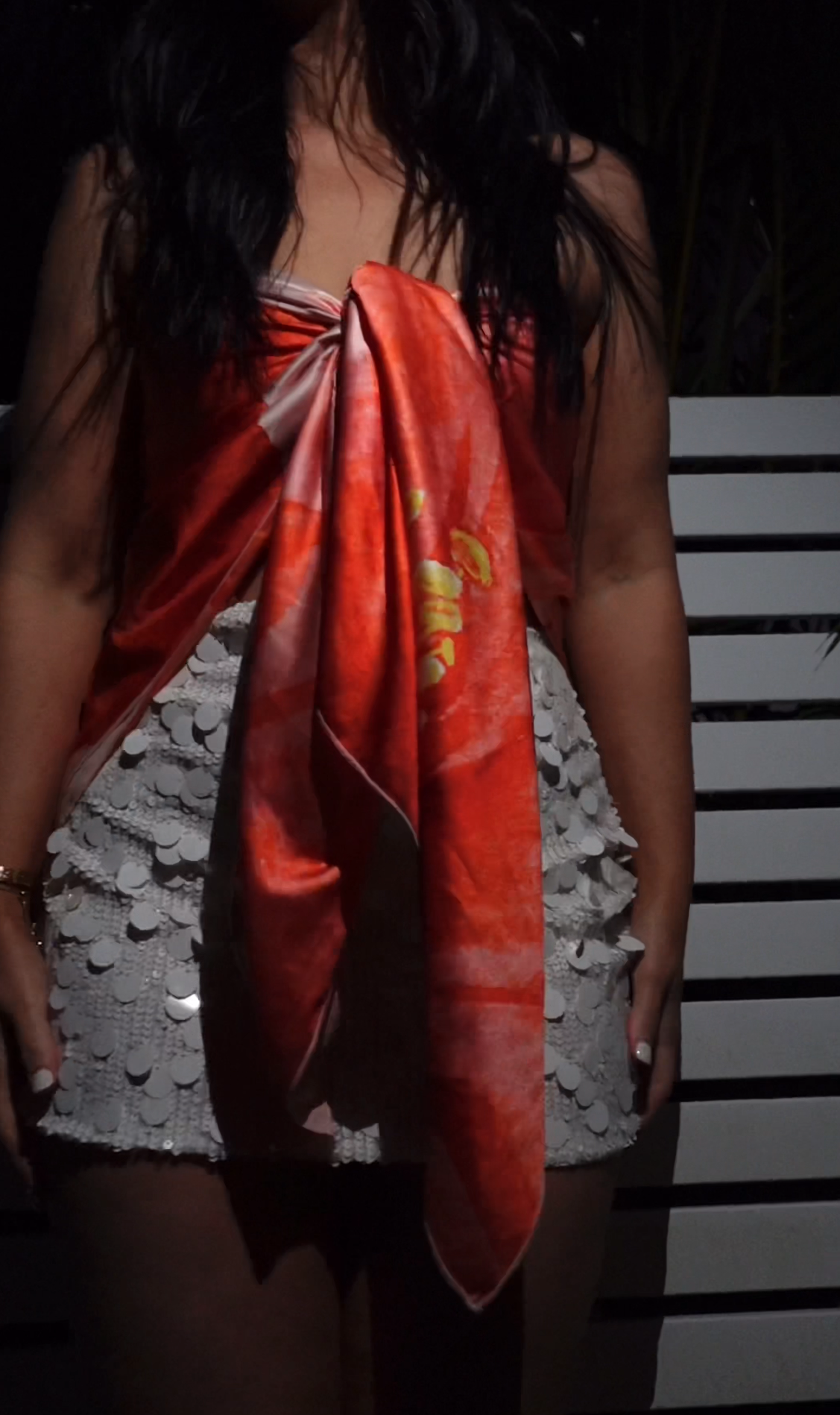Versatile scarf top for travel, Cabana design by Vaycaze, worn at sunset beach dinner