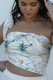 "Tropical Outfit Essential – Zessi Scarf Top in a breezy, summery design for warm-weather destinations. A must-have for travel lovers. Vaycaze."