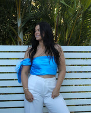 Blue Hour Scarf Top worn on vacation – versatile, packable travel top perfect for beach holidays and resortwear