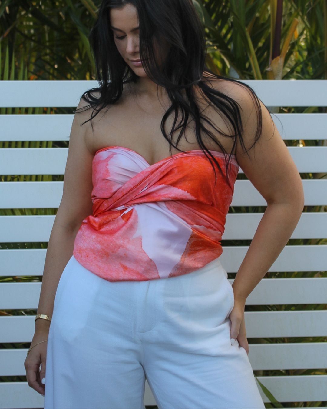 Cabana multiway scarf top styled for a tropical beach vacation outfit and summer resortwear look