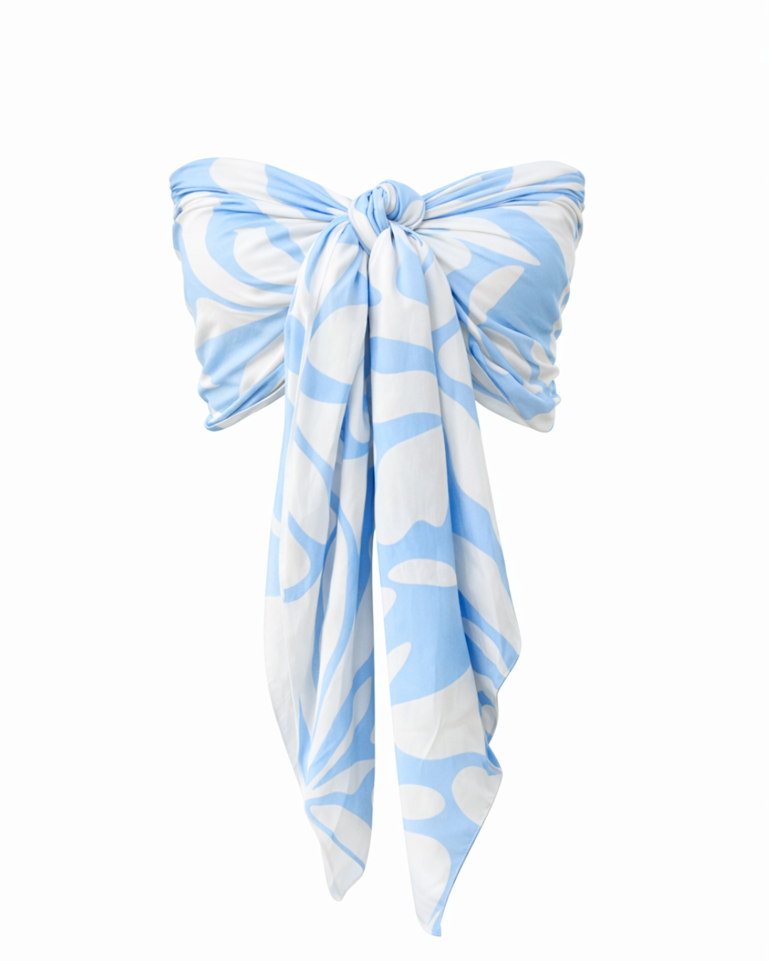 Blue and white patterned scarf tied in a knot on a white background