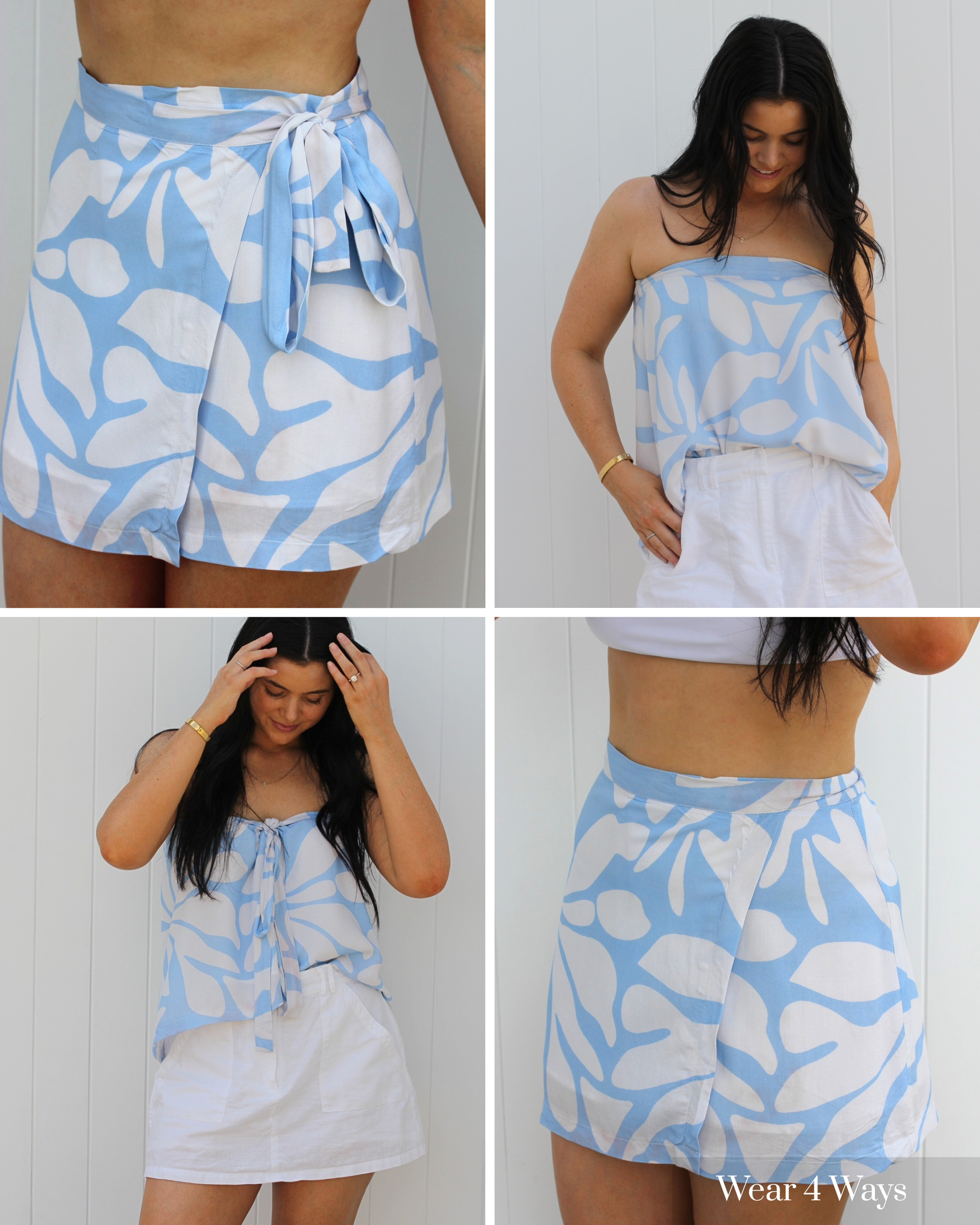 Model wearing Isla Skirt on tropical vacation, styled four ways