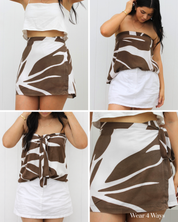 Kaia Skirt patterned Wrap skirt set worn by a model on a plain background.