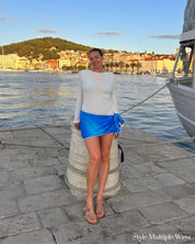 Blue Hour Scarf Top styled around waist – multi-way versatile travel top, perfect for resortwear and photoworthy holiday outfits