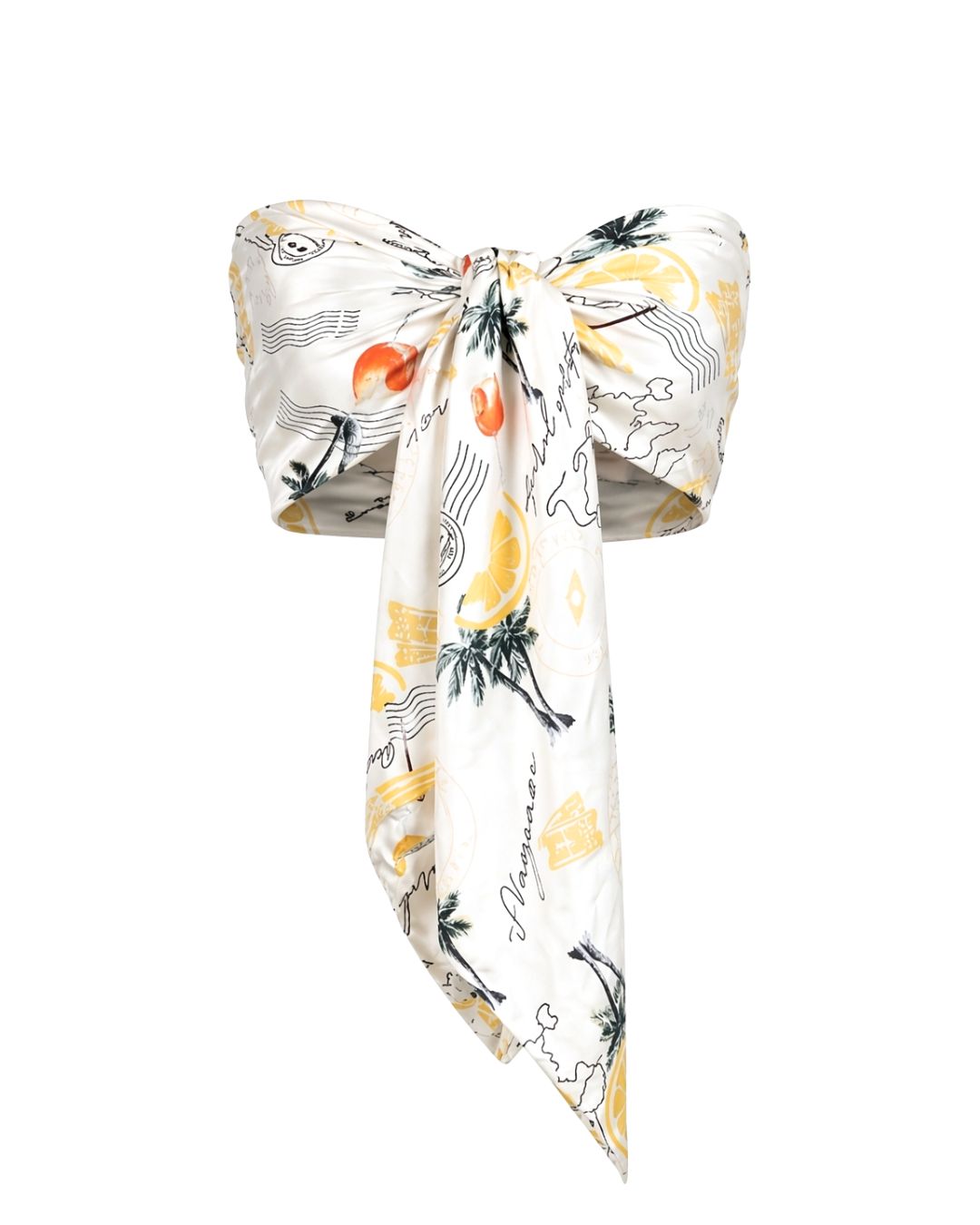 Zessi multiway scarf top in tropical print on white background ghost mannequin by Vaycaze travel scarf top styled as bandeau 