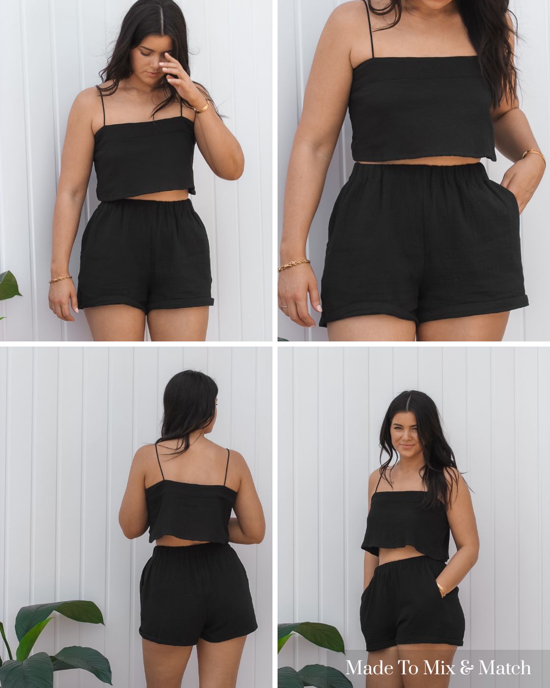 Breathable black cotton travel shorts from the Alyssa set, lightweight resortwear shorts perfect for warm destinations.