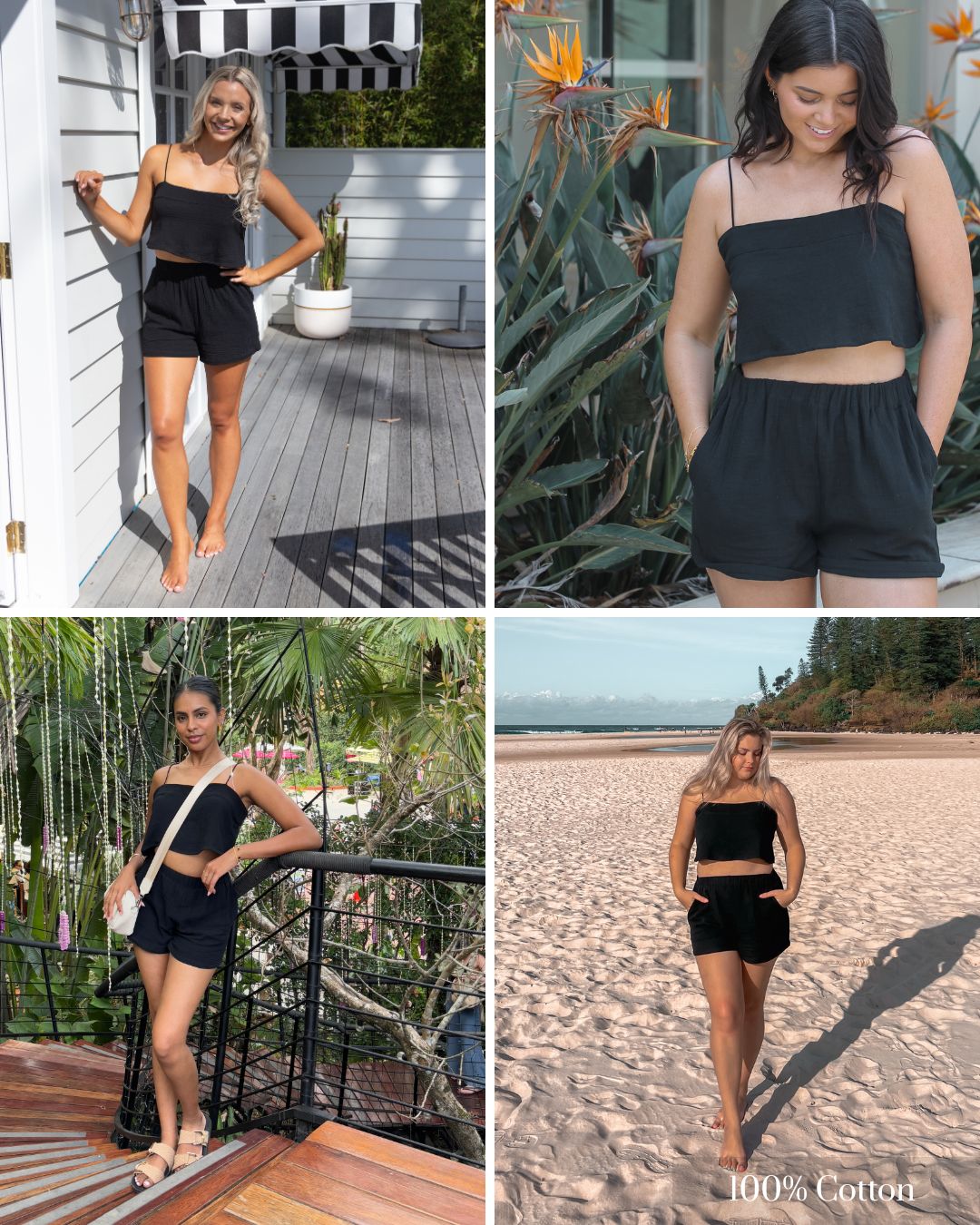 Black cotton Alyssa shorts styled with matching crop top creating an effortless resortwear set for vacation outfits.