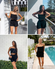 Breathable black cotton summer set with spaghetti straps styled for resortwear and vacation outfits.