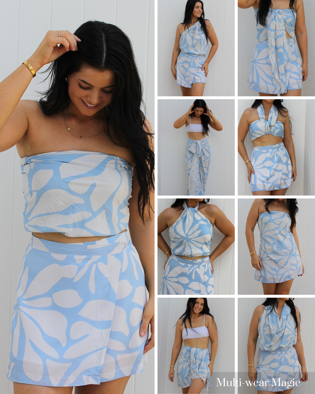 Isla scarf sarong top in a resortwear flat lay, a lightweight and packable travel top by Vaycaze.