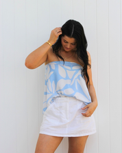 Isla Skirt styled as a top, convertible design in blue print