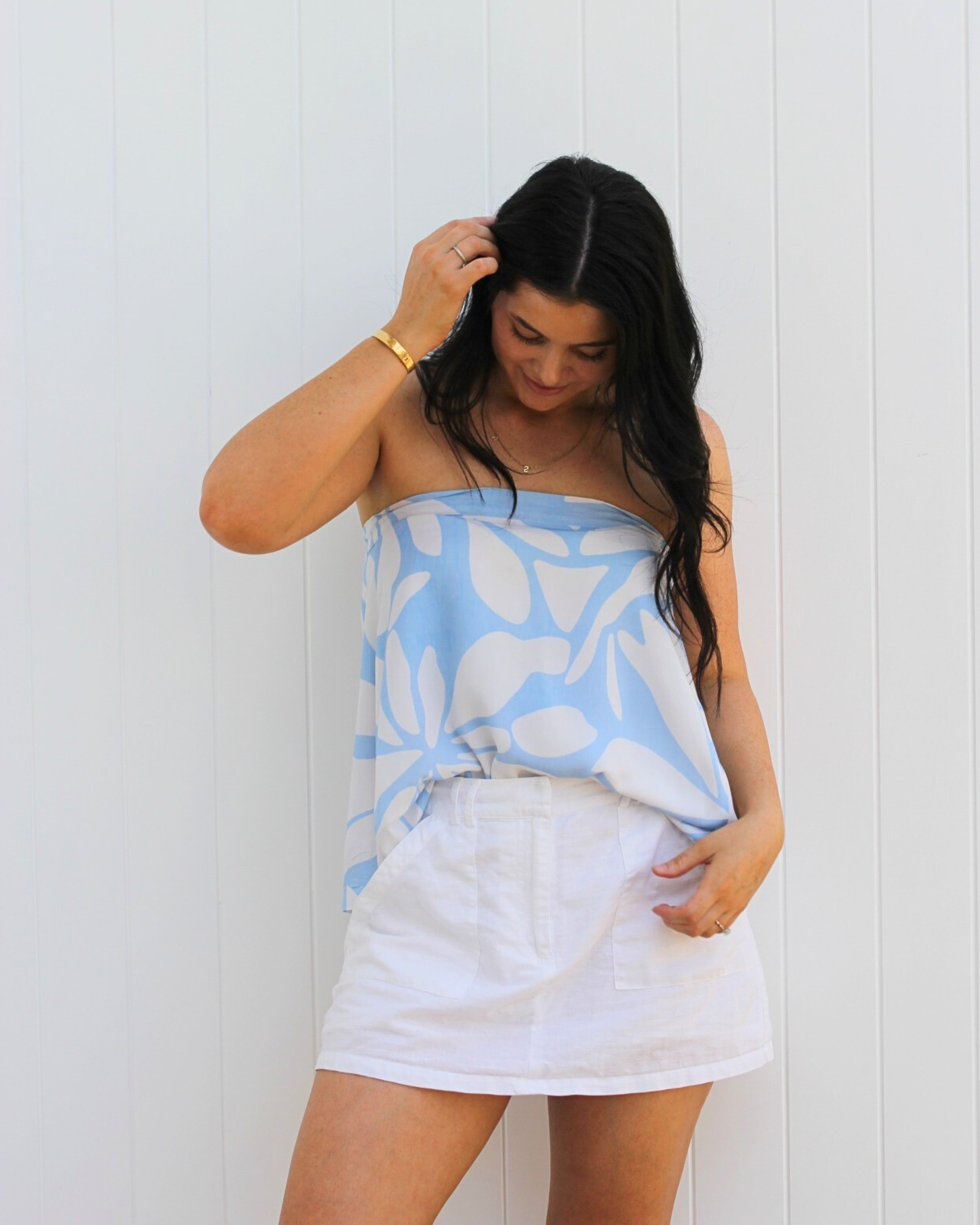 Isla Skirt styled as a top, convertible design in blue print