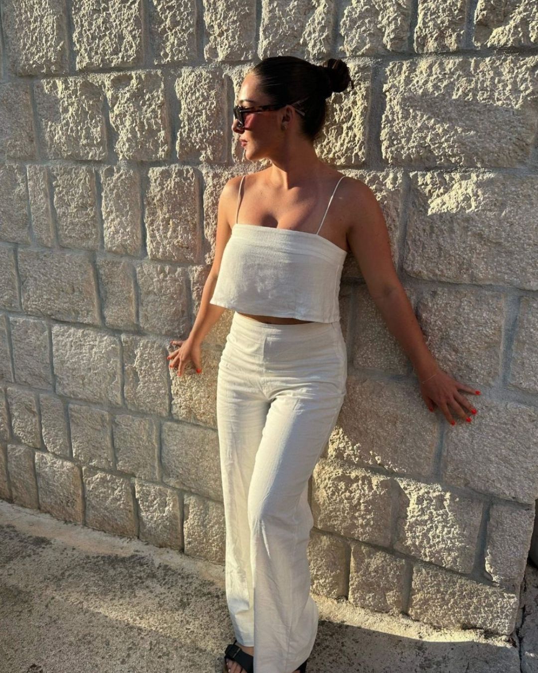 vacation outfit white crop top linen blend