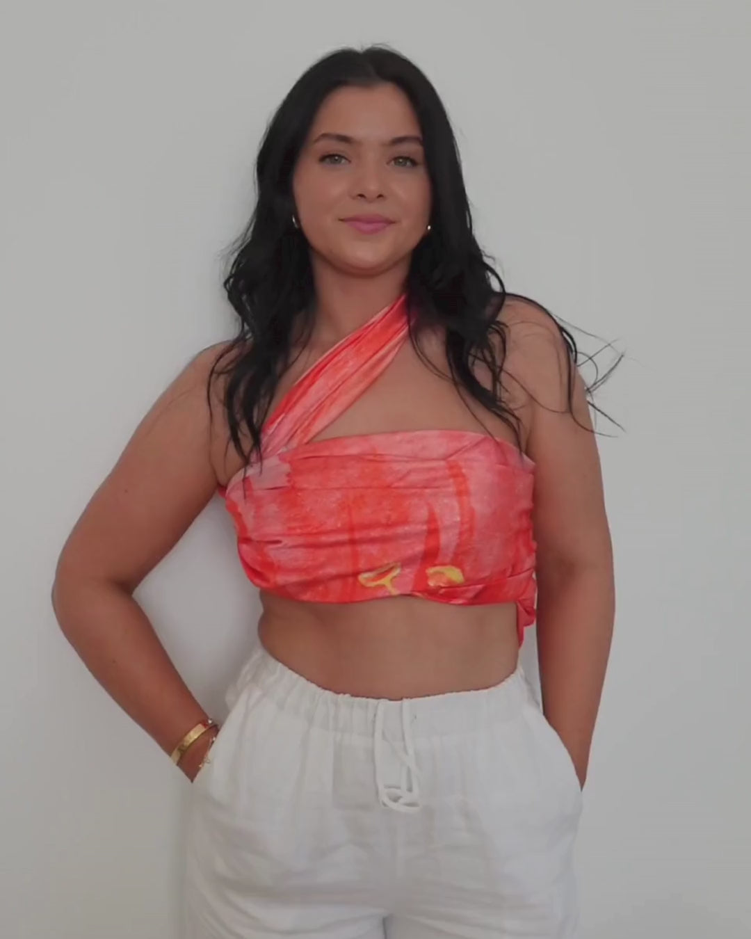 Cabana multiway scarf top styling video showing multiple ways to wear the convertible resortwear scarf top