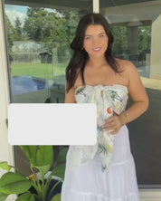 Zessi multiway scarf top showing multiple ways to wear scarf top including halter bandeau and one shoulder styles