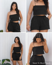 Black cotton spaghetti strap crop top by Vaycaze, breathable lightweight top perfect for travel wardrobes and summer outfits.