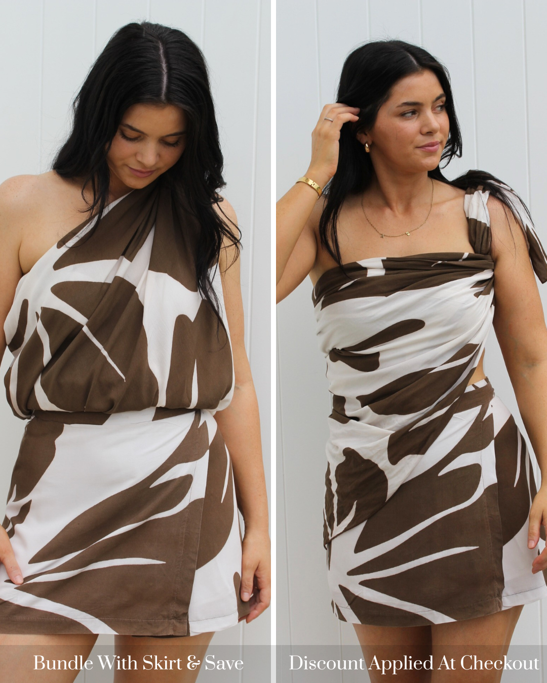 Kaia scarf sarong styled multiple ways, a versatile multi-wear resortwear design made for travel-friendly wardrobes.