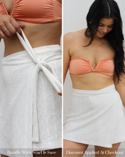 Close-up of the adjustable wrap waist on the White Cove wrap skirt, designed for versatile sizing and easy packing.