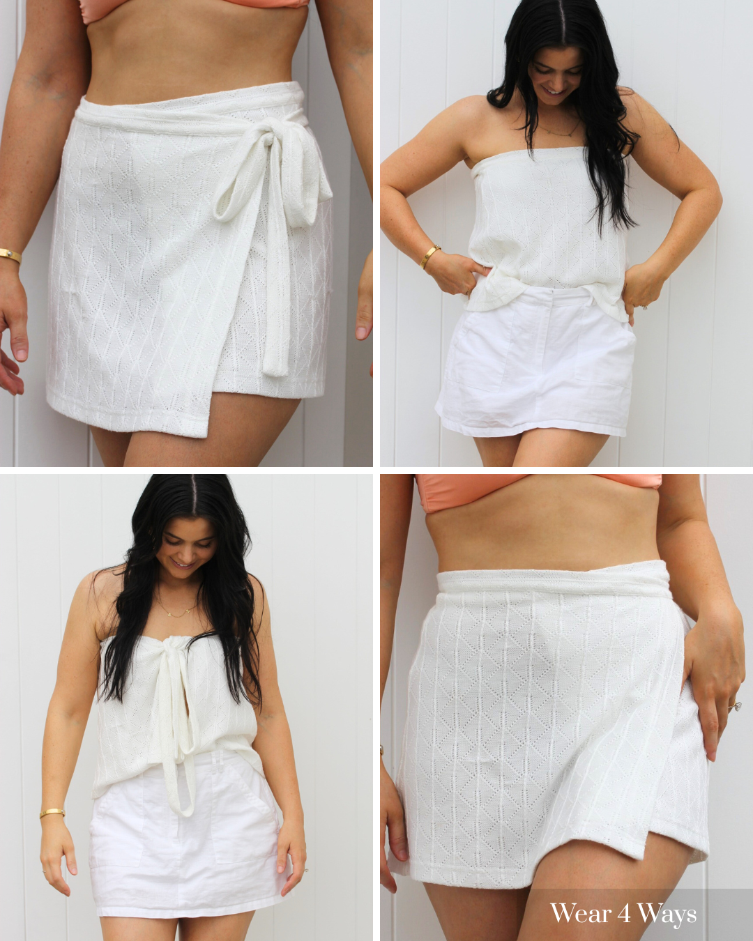 White Cove wrap skirt by Vaycaze, a wrinkle-resistant and travel-friendly skirt designed to pack easily for vacations.