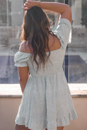 Raylee DressBlue sabo matilda djerf blue pattern white detailing womens day summer spring dresses ootd pinterest outfits Instagram looks blue short dress puff sleeves mini style