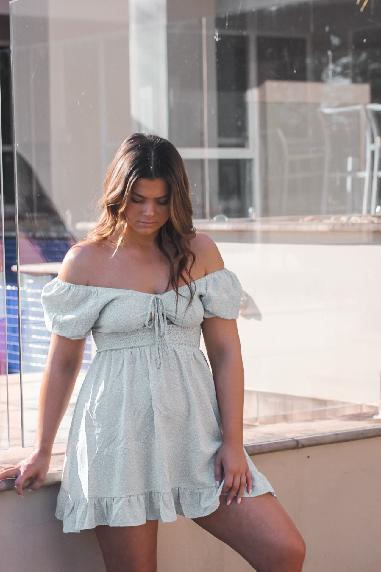 Raylee DressBlue sabo matilda djerf blue pattern white detailing womens day summer spring dresses ootd pinterest outfits Instagram looks blue short dress puff sleeves mini style